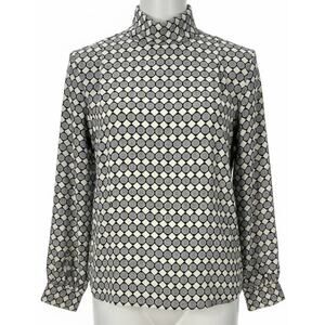 EVA LAUREL Blouse 8 Beige Blue Shoulder Pads Long Sleeves Made in USA Mod Retro